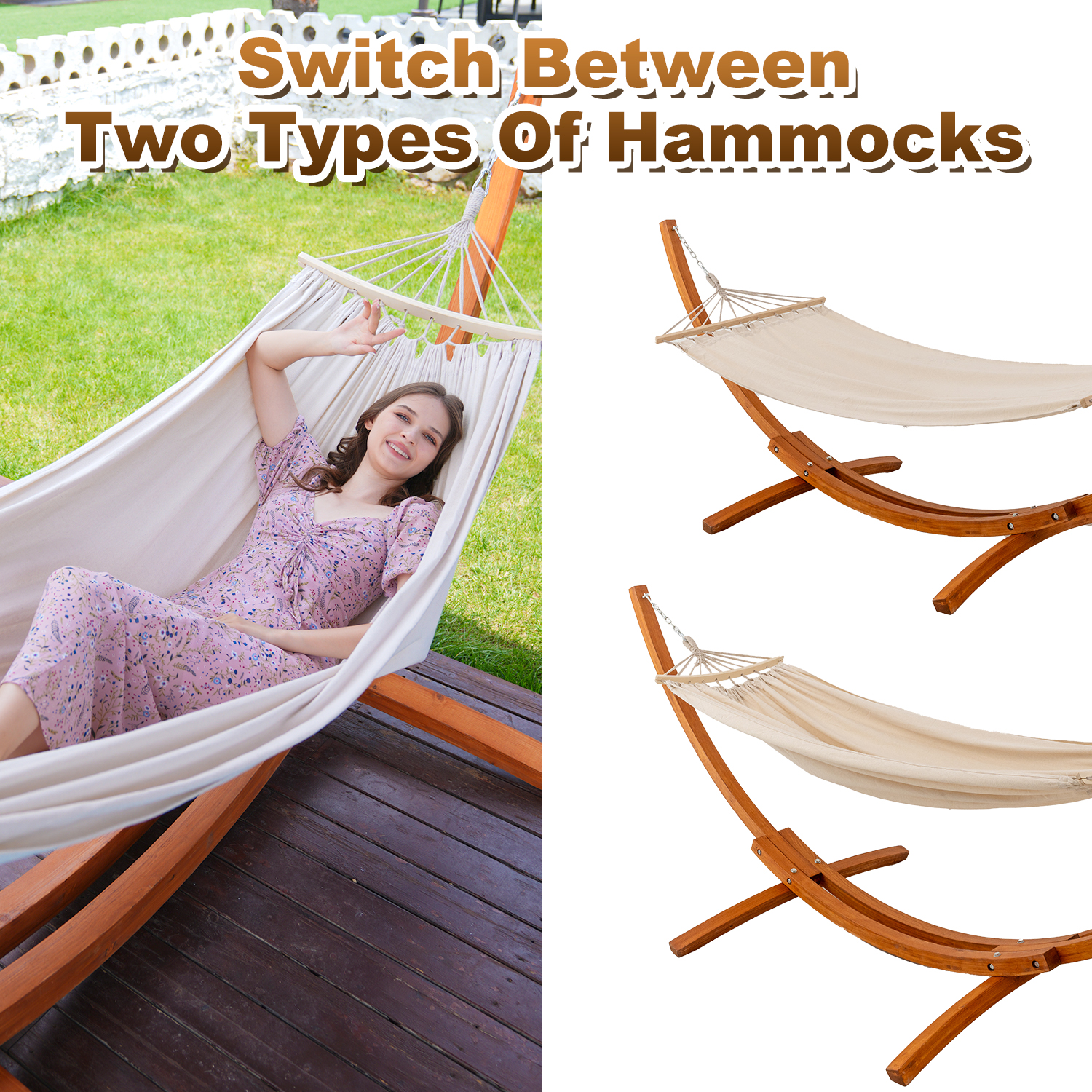 Kobieta w hamaku obok dwóch hamaków na drewnianych stojakach.
