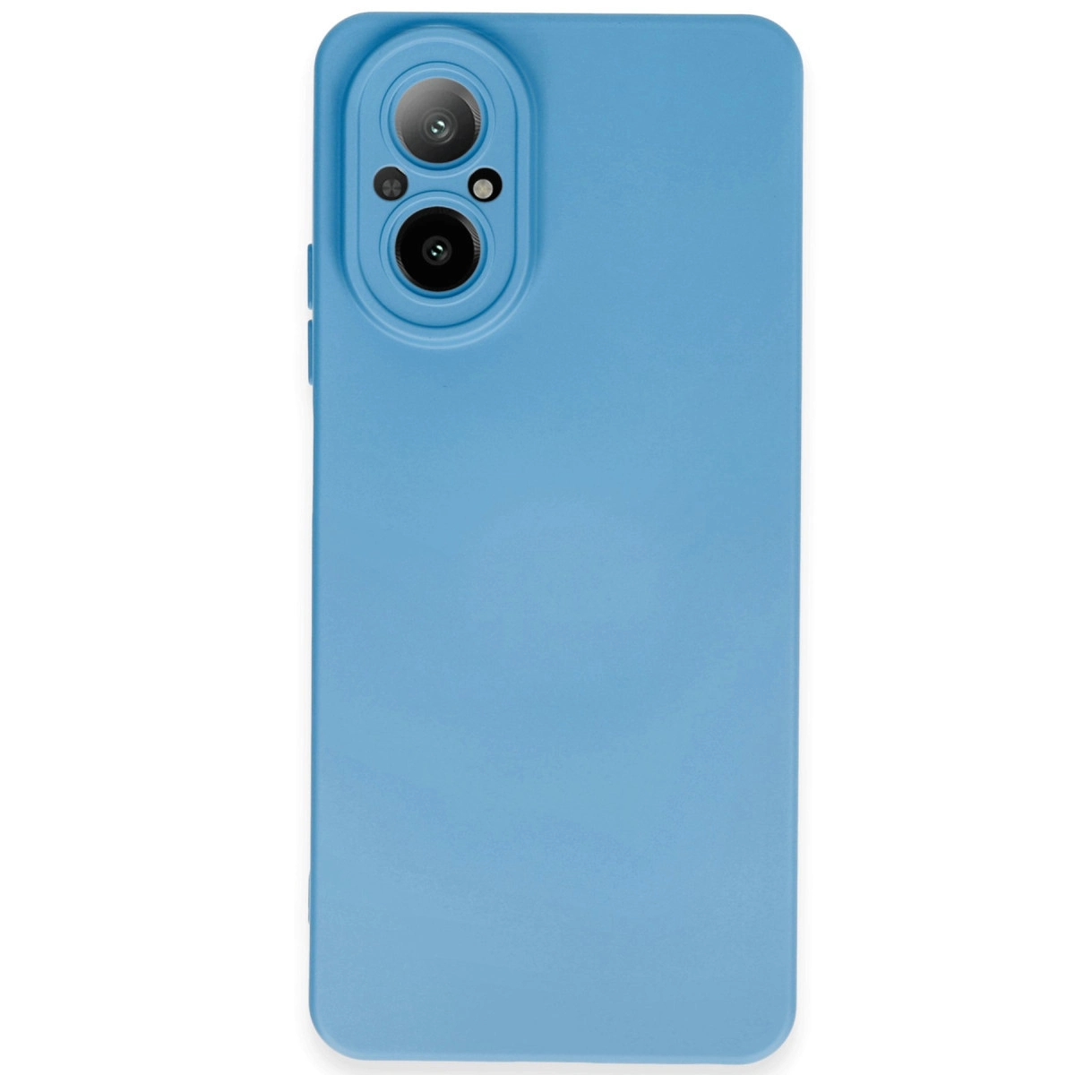 Üstte dikey kamera modülüne sahip açık mavi telefon kılıfı.