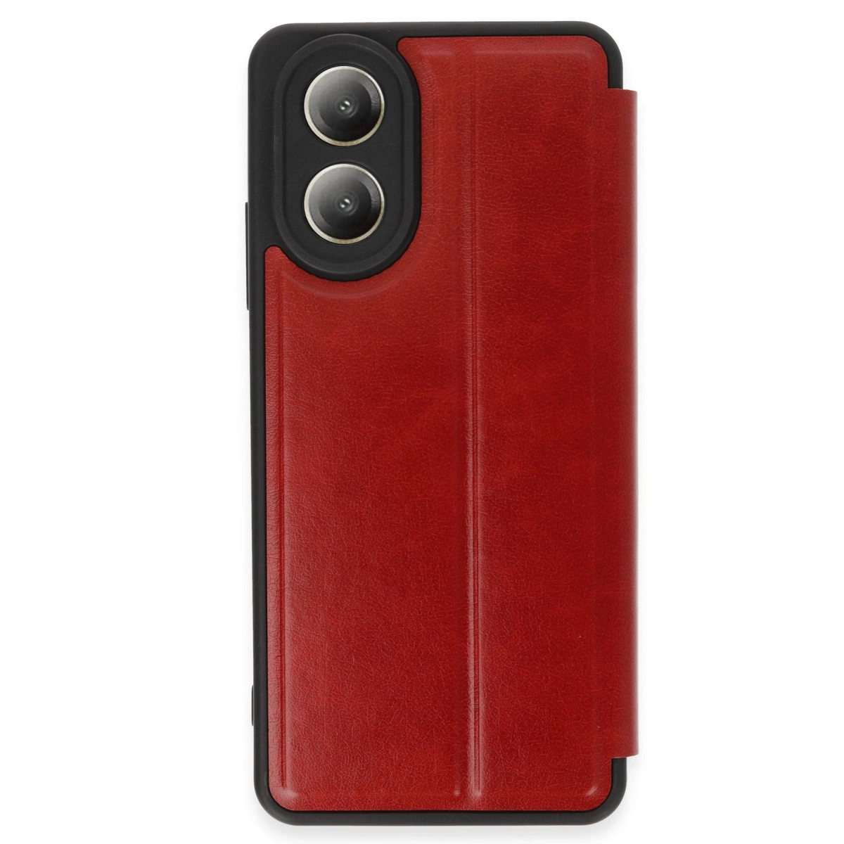 Arkada çift kamera lensli kırmızı telefon kılıfı.