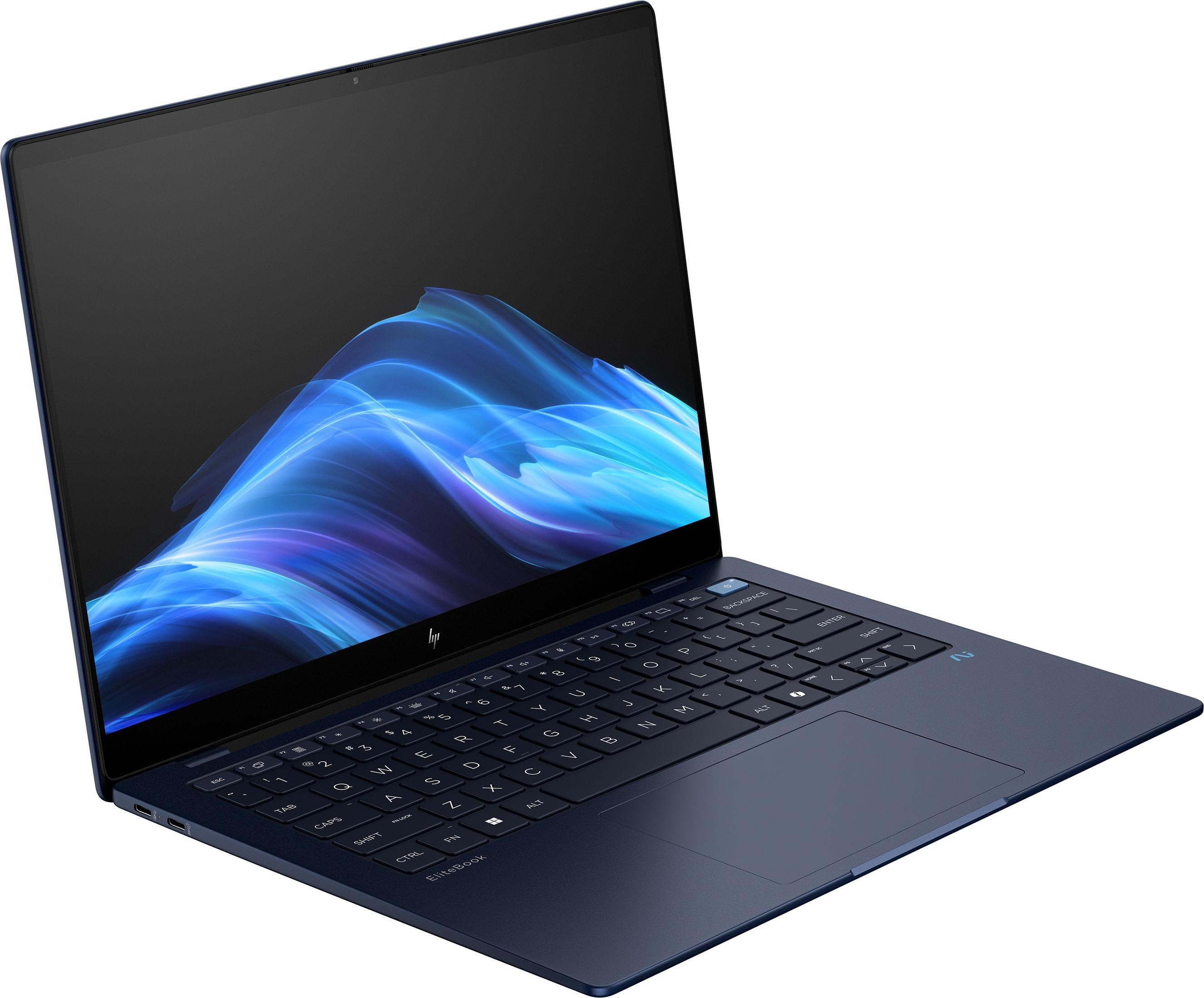 Ciemnoniebieski laptop HP EliteBook z podświetlaną klawiaturą i niebieskim wyświetlaczem graficznym.