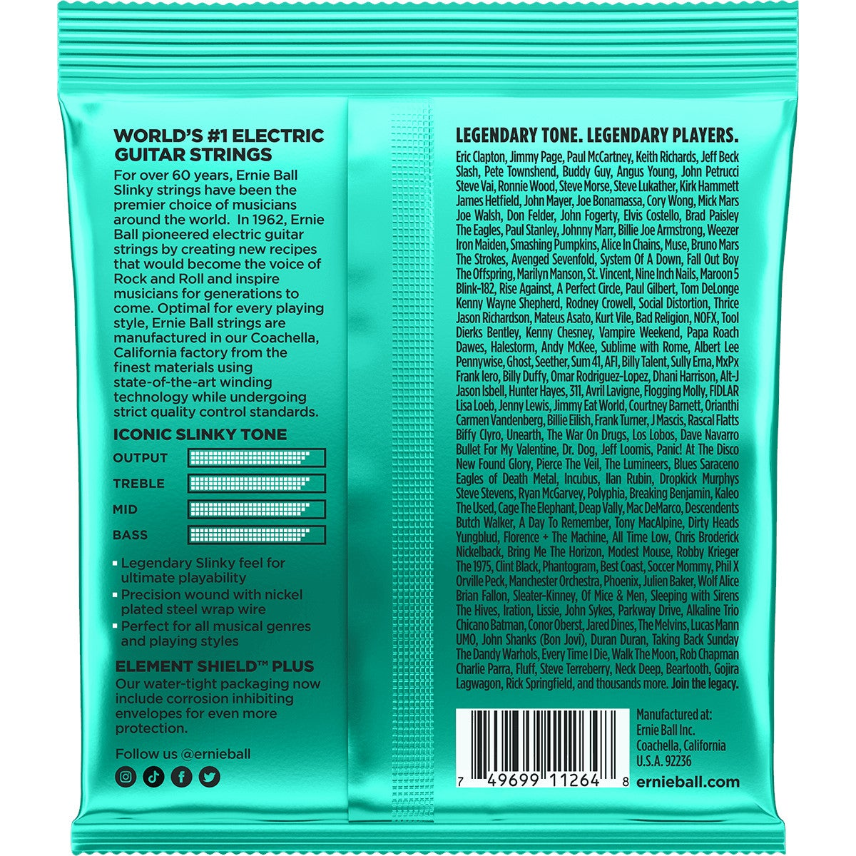 Ernie Ball gitaarsnaren verpakking met logo, snaartypes en artiestenlijst.
