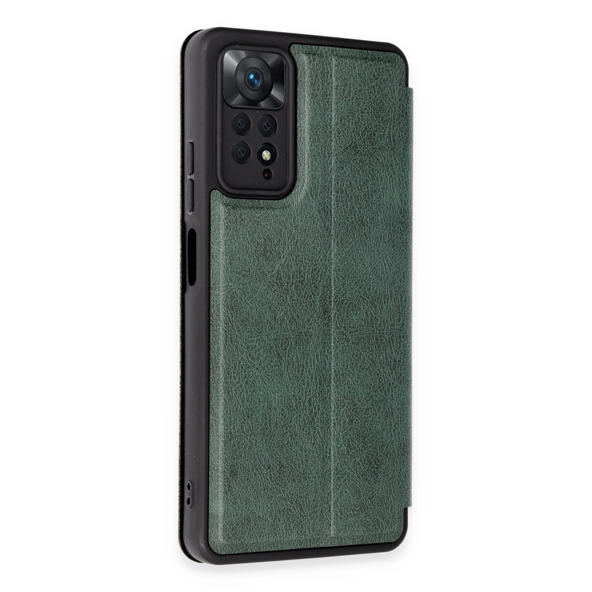 Kamera kesimli, deri dokulu yeşil telefon kılıfı.