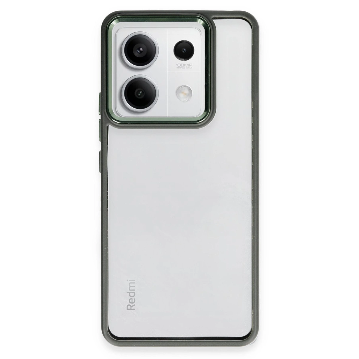 Dikdörtgen kamera modüllü ve Redmi logolu beyaz akıllı telefonun arkası.