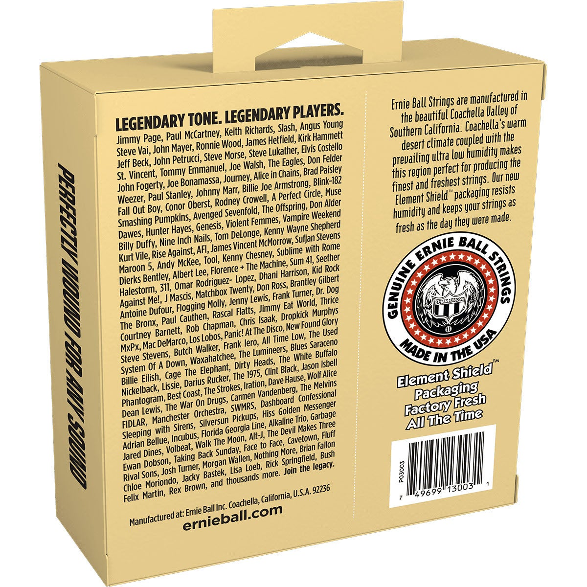 Ernie Ball snarenpakket met artiestenlijst en productiedetails.