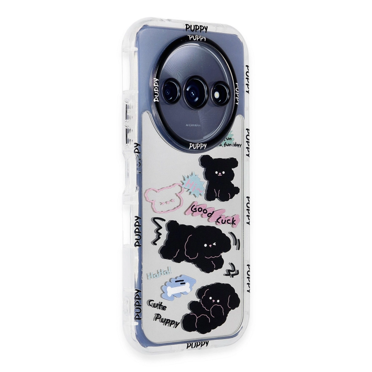 Köpek yavrusu çizimleri ve "PUPPY" kelimesi içeren telefon kılıfı.