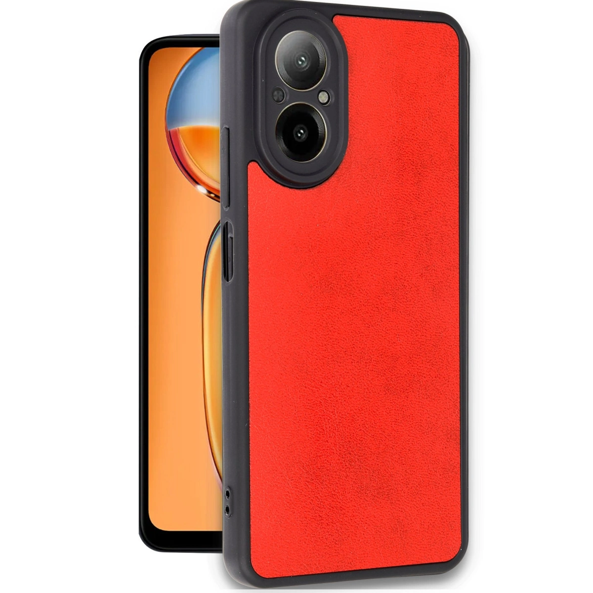 Siyah çerçeveli ve kamera modüllü kırmızı telefon kılıfı. Arkada turuncu ekran.