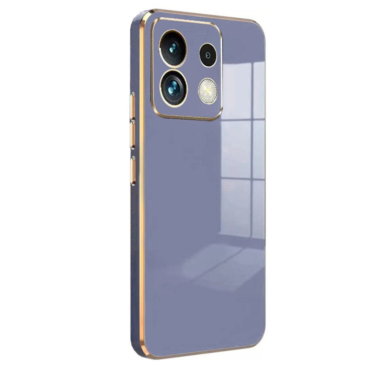 Altın kenarlı mor telefon kılıfı, üçlü kamera ve flaş.