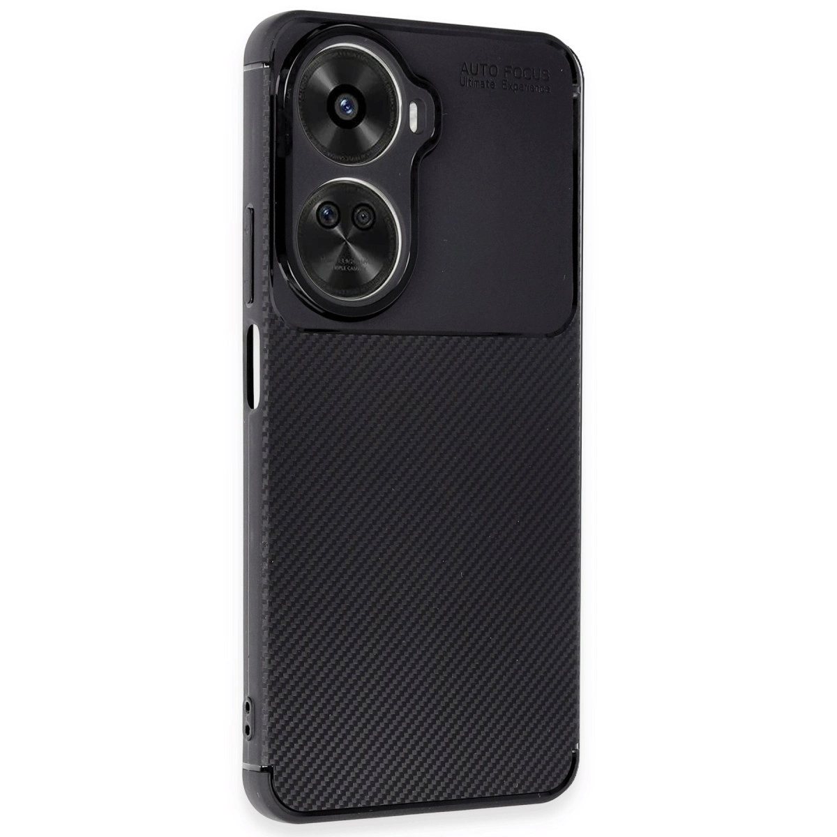 Karbon fiber dokulu, kamera kesimli siyah telefon kılıfı.