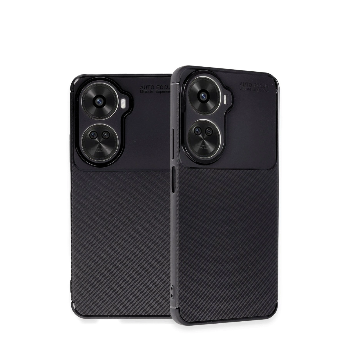Karbon dokulu, kamera kesimli iki siyah telefon kılıfı.
