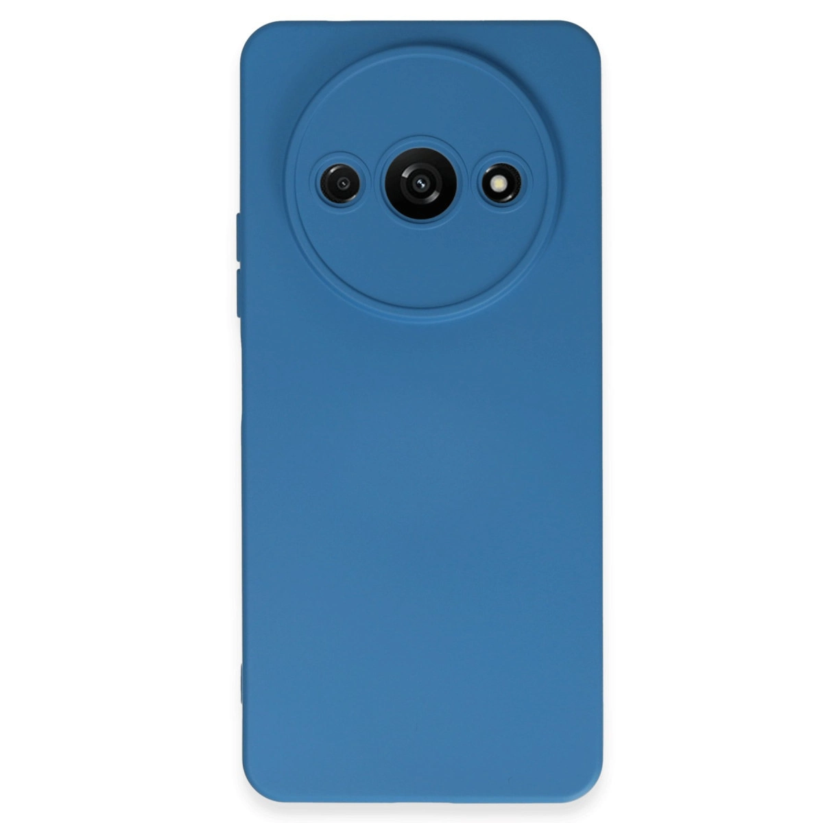 Üç lensli dairesel kamera modülüne sahip mavi telefon kılıfı.