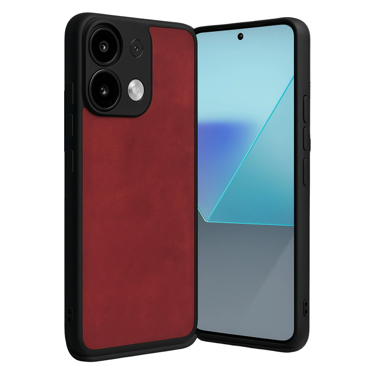 Siyah çerçeveli kırmızı telefon kılıfı, yanında mavi ekranlı bir akıllı telefon.