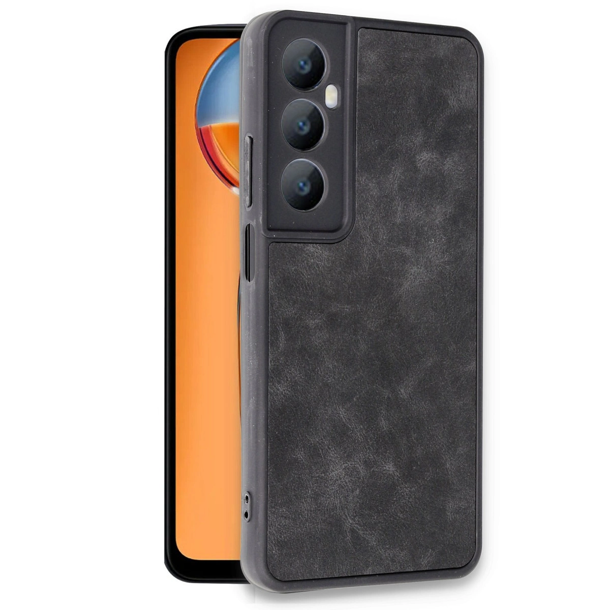 Koyu gri telefon kılıfı, arkada üç kamera ile, bir akıllı telefonun yanında.