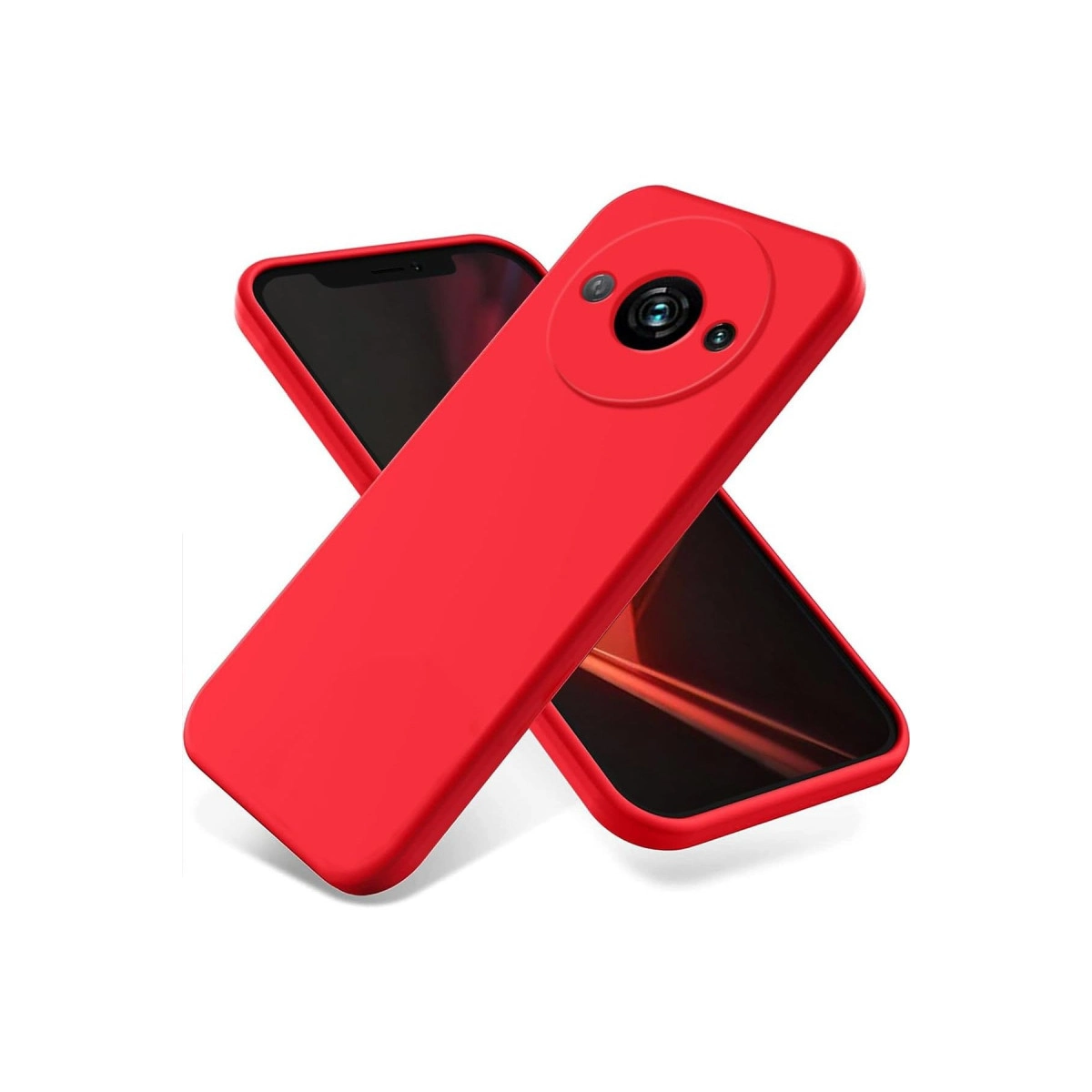 Birinde kamera açıklığı bulunan iki kırmızı telefon kılıfı üst üste biniyor.