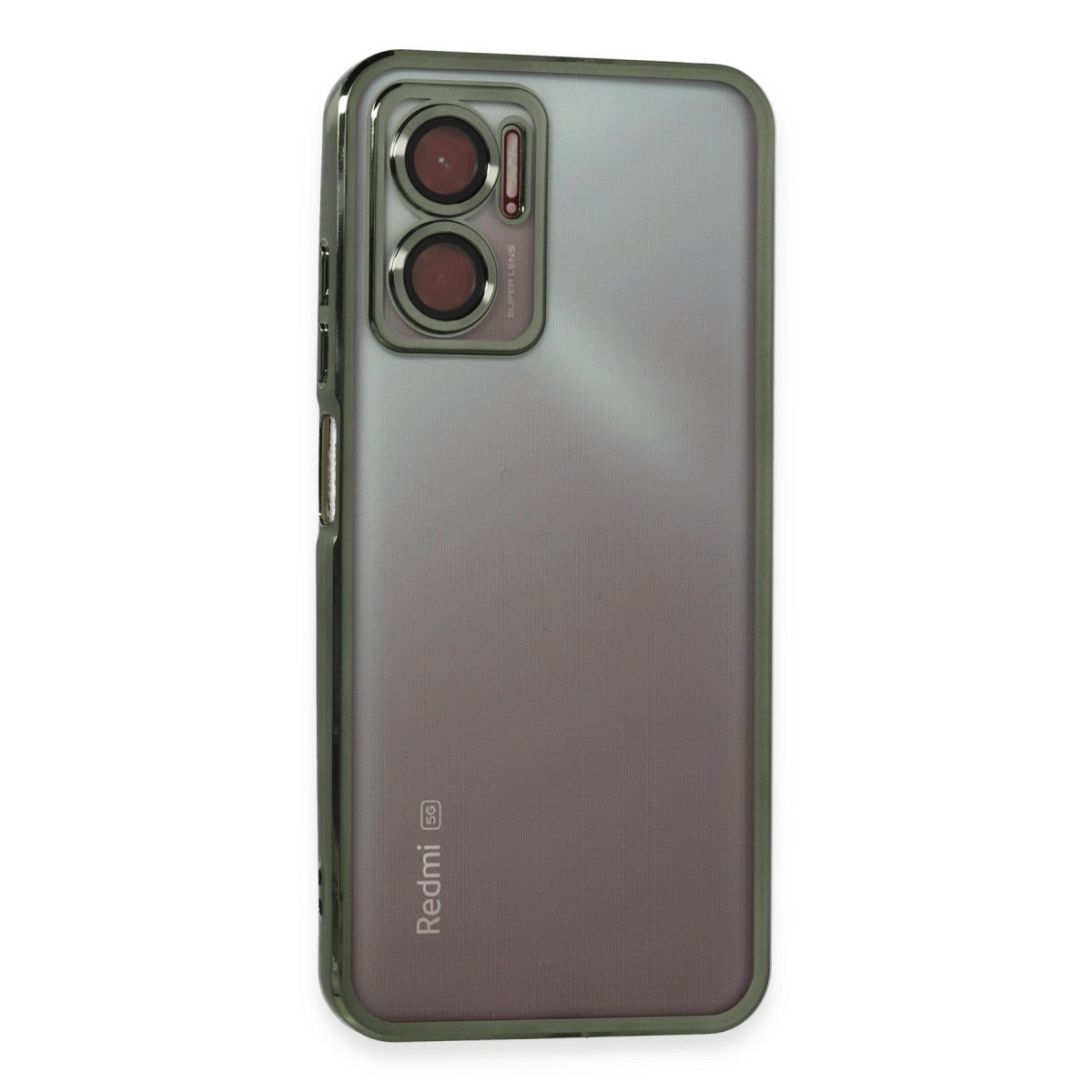 İki kameralı gri telefonun arkası, Redmi 5G yazılı.