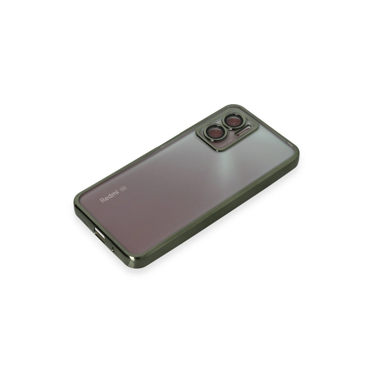 İki kameralı gri akıllı telefonun arkası ve Redmi 5G logosu.