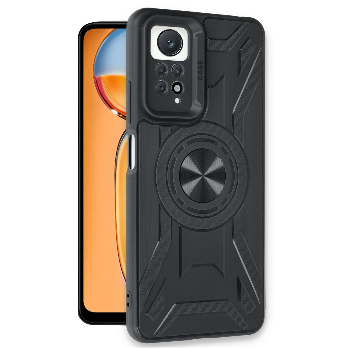 Halka tutuculu ve kamera modüllü siyah telefon. Parlak arka plan.