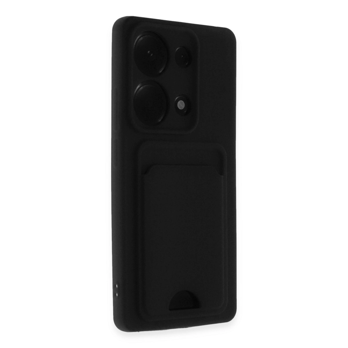 Kart yuvalı ve üçlü kamera lensli siyah telefon kılıfı.