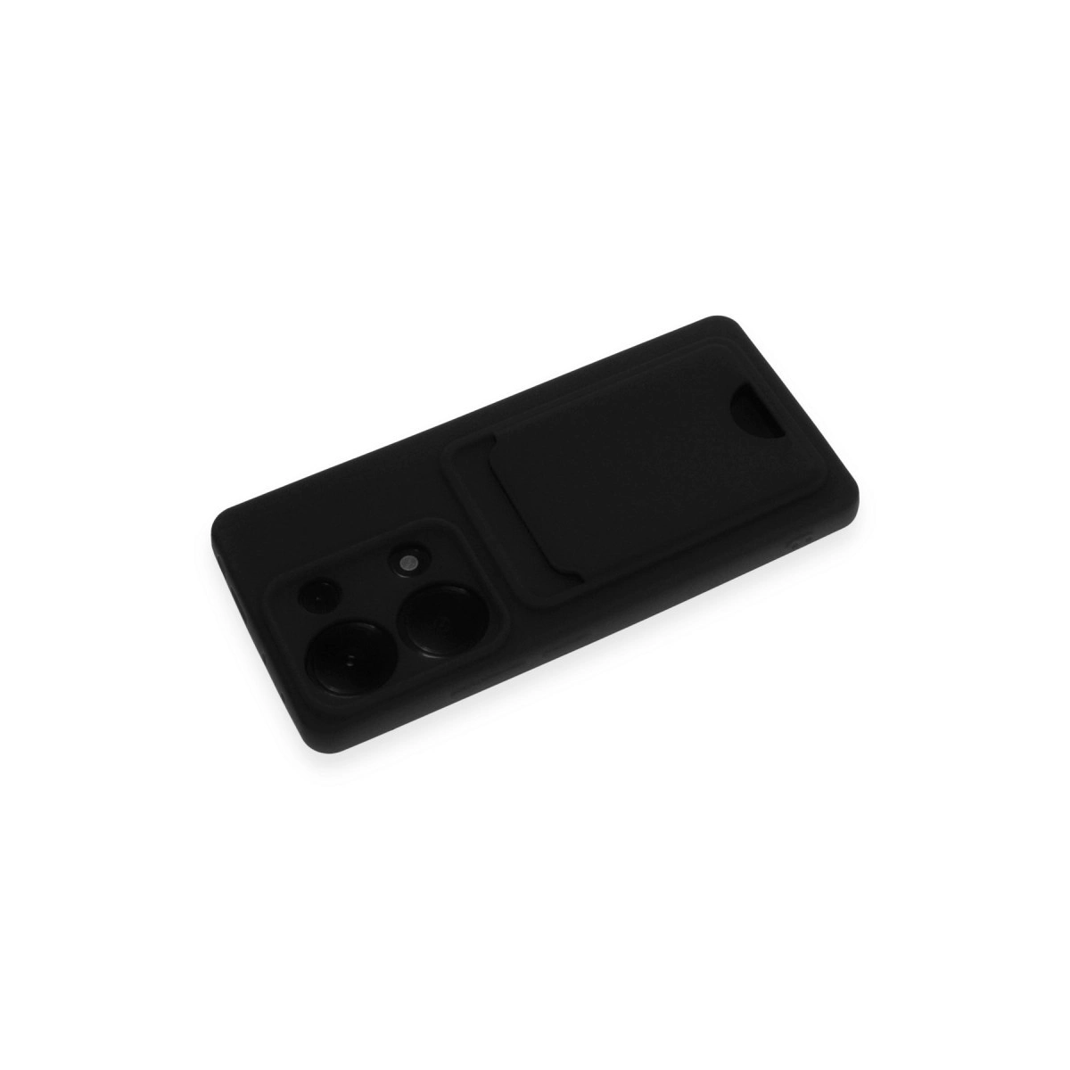 Kart yuvalı ve kamera kesimli siyah telefon kılıfı beyaz arka planda.
