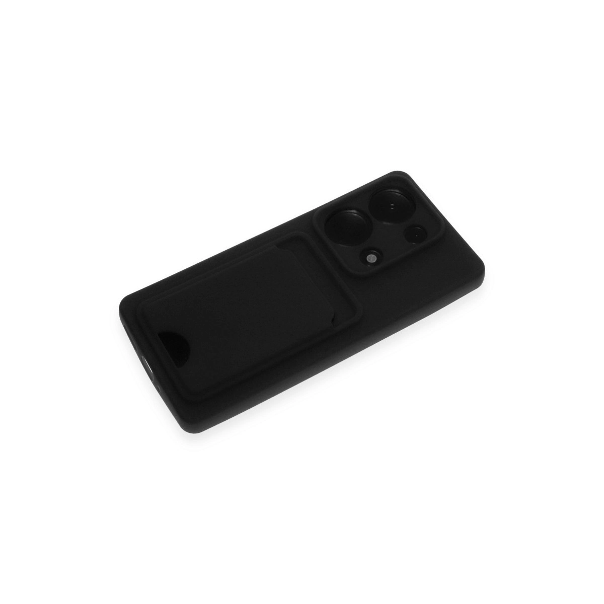 Kart yuvalı ve kamera kesimli siyah telefon kılıfı, beyaz arka plan.