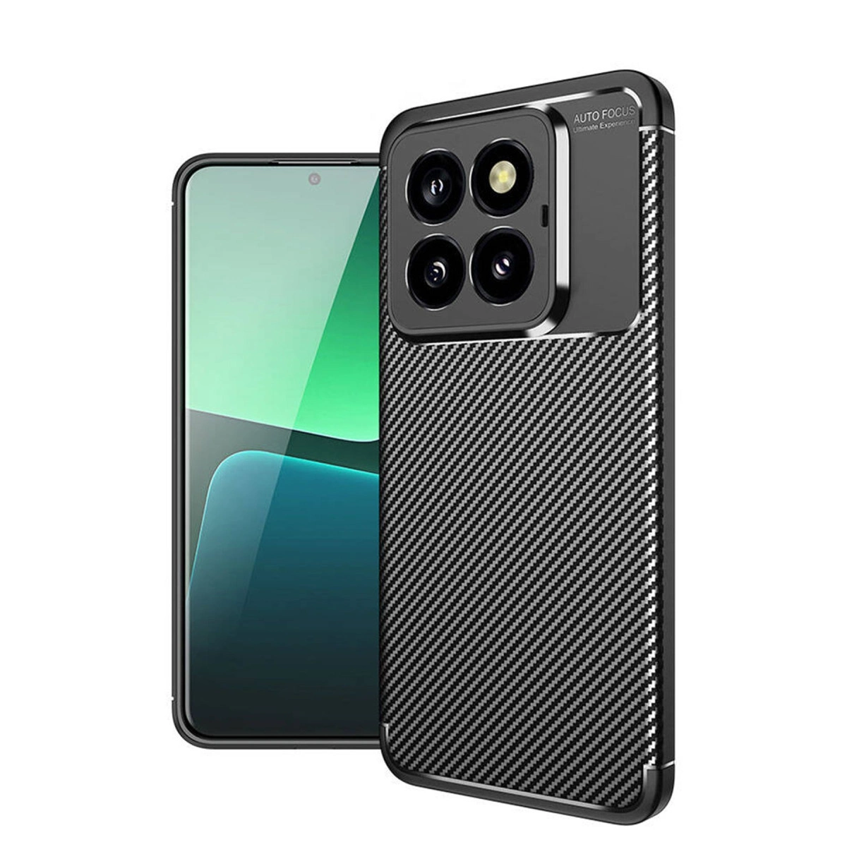 Karbon fiber koruyucu kılıflı ve dört kameralı bir akıllı telefon gösteriliyor.