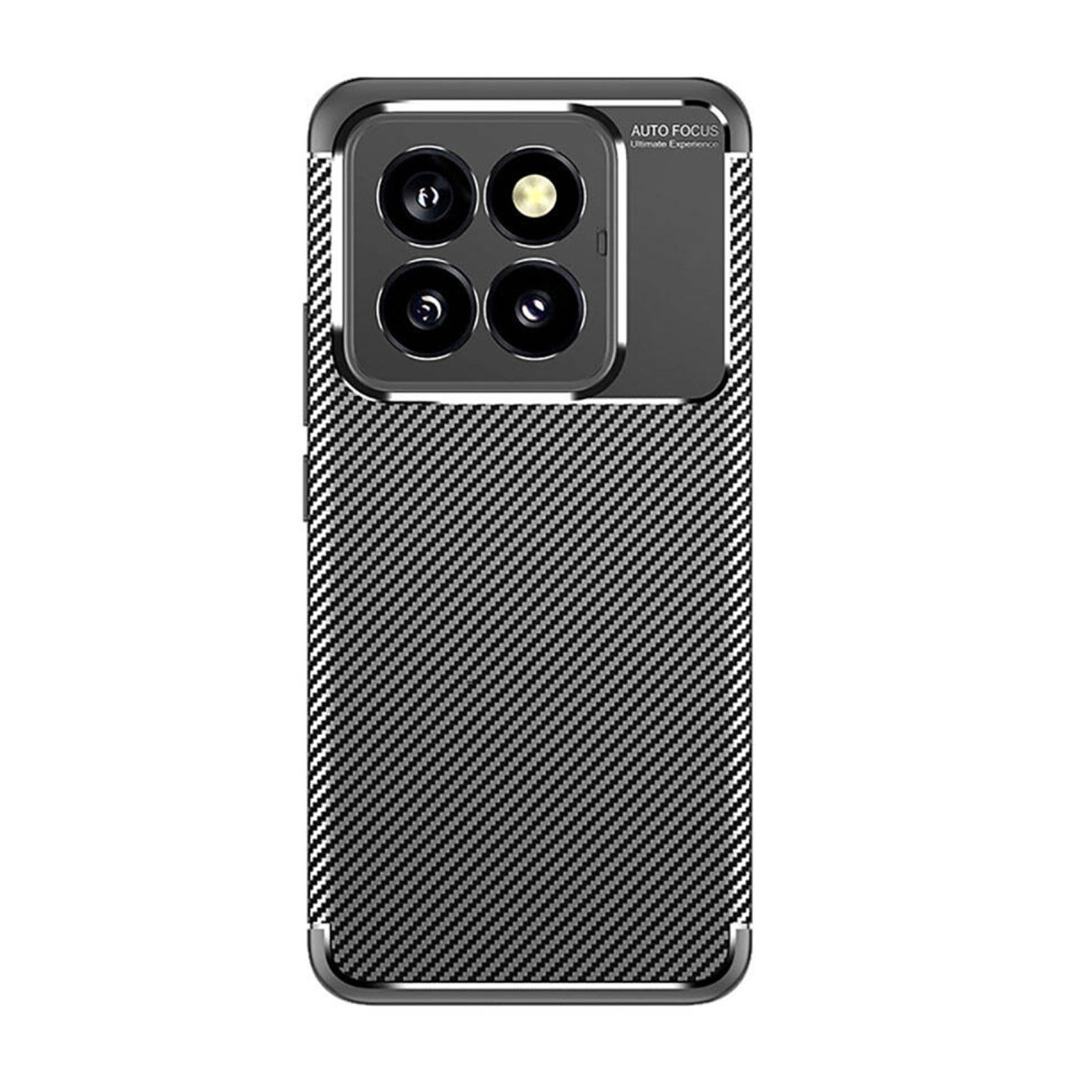 Karbon fiber dokulu siyah telefon kılıfı ve dörtlü kamera.