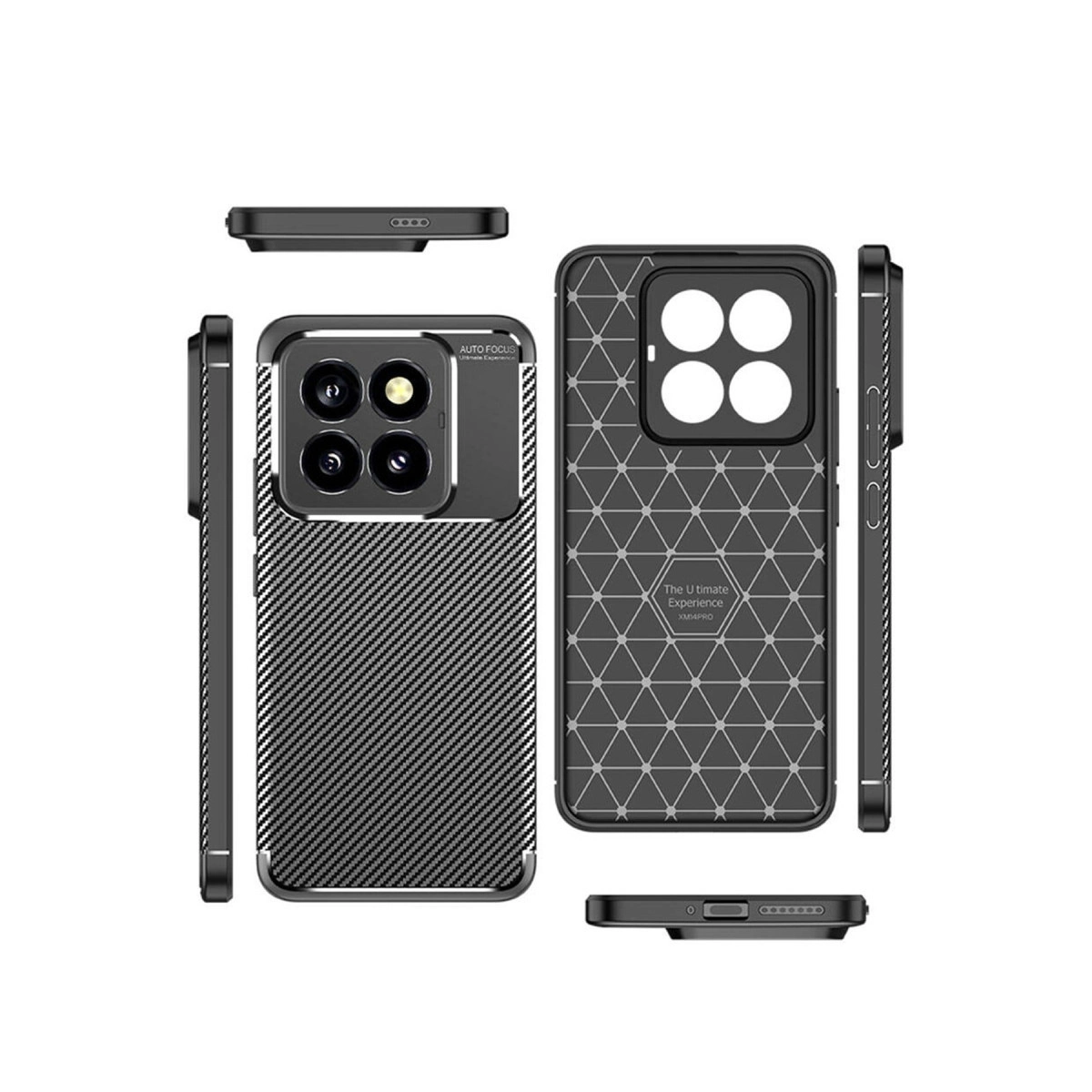 Kamera modülleri ve geometrik desenli birkaç siyah telefon kılıfı.