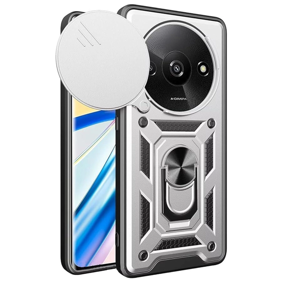 Üçlü kamera, halka tutucu ve lens kapağına sahip gümüş telefon kılıfı.