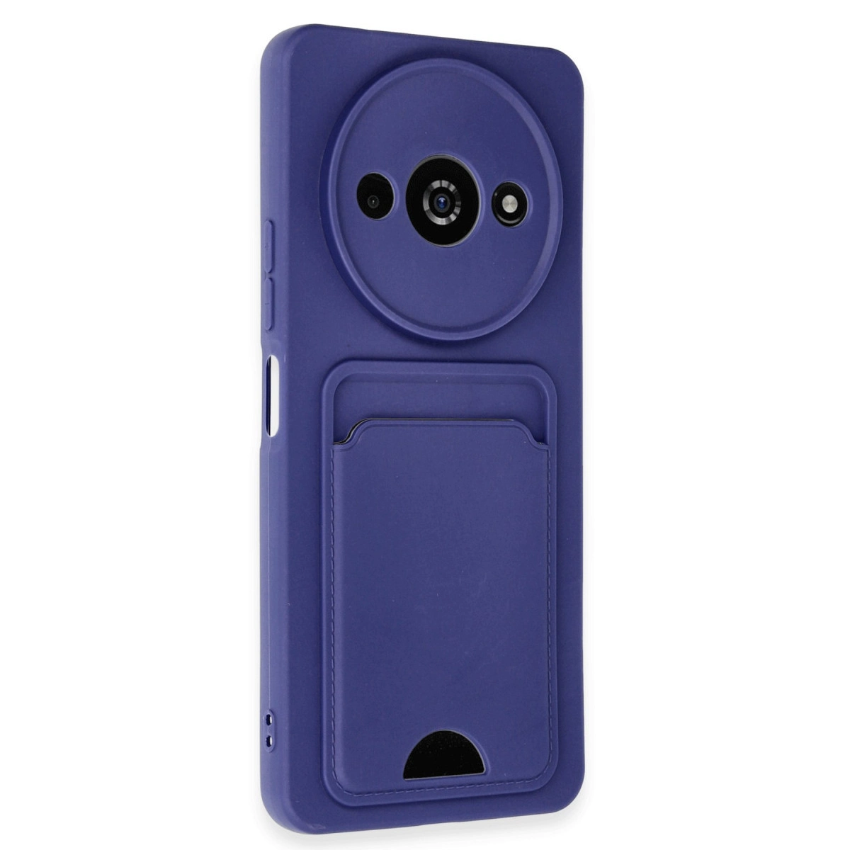 Kart yuvalı ve dairesel kamera modüllü mor telefon kılıfı.