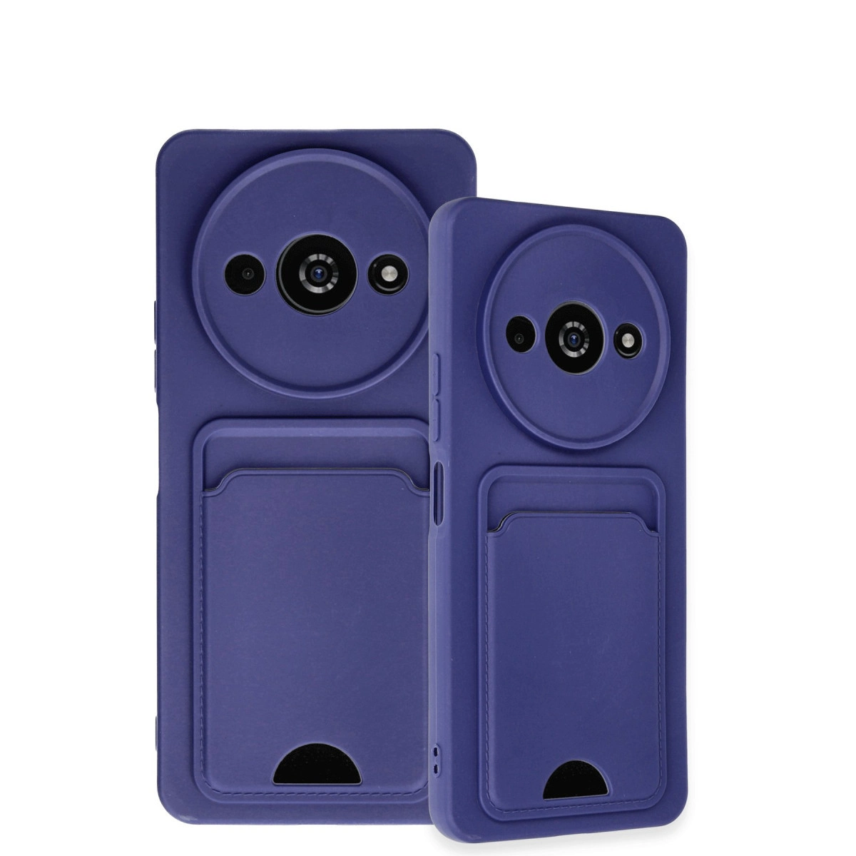Kart yuvalı ve yuvarlak kamera modüllü iki mor telefon kılıfı.