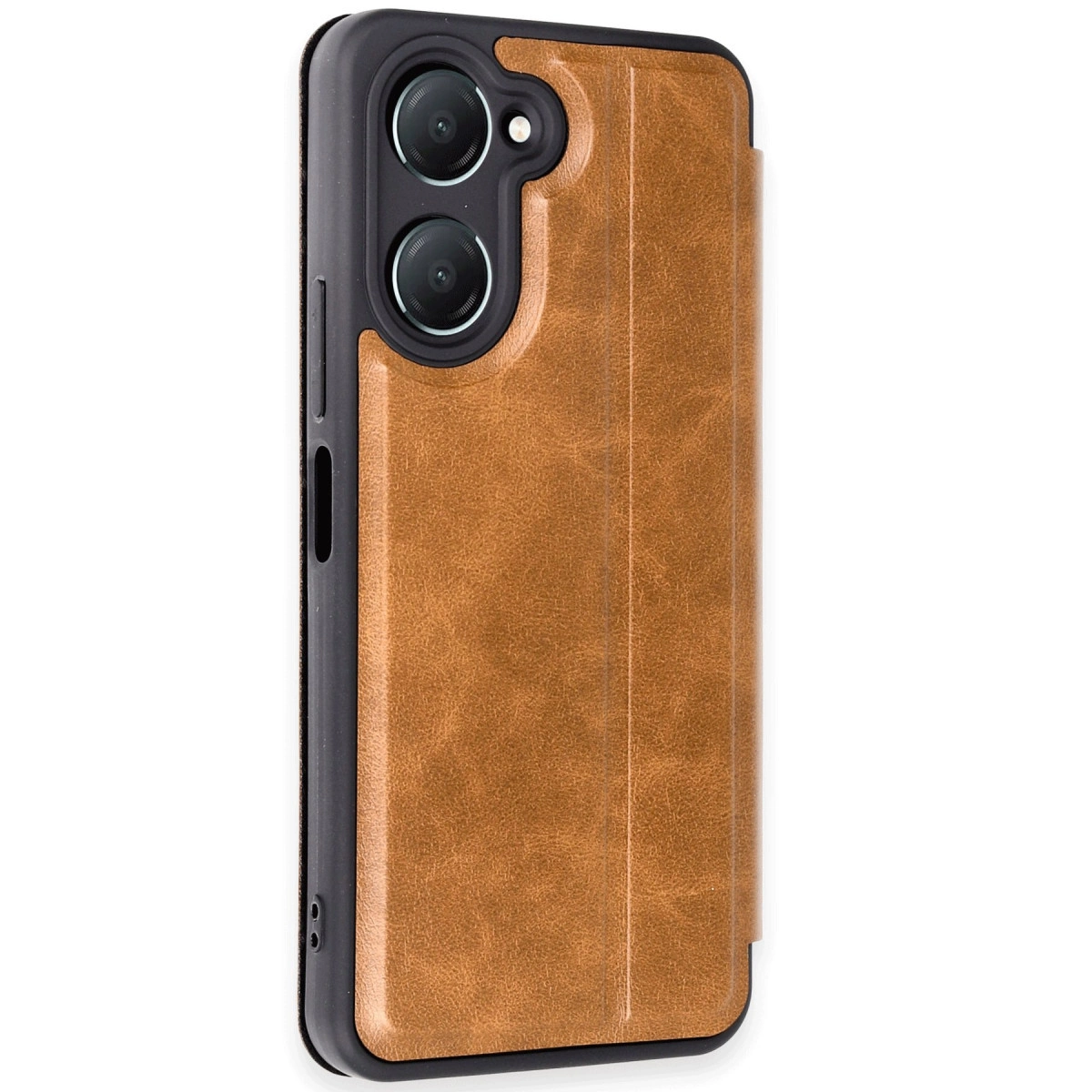 Arkada iki kamera lensi olan kahverengi deri telefon kılıfı.