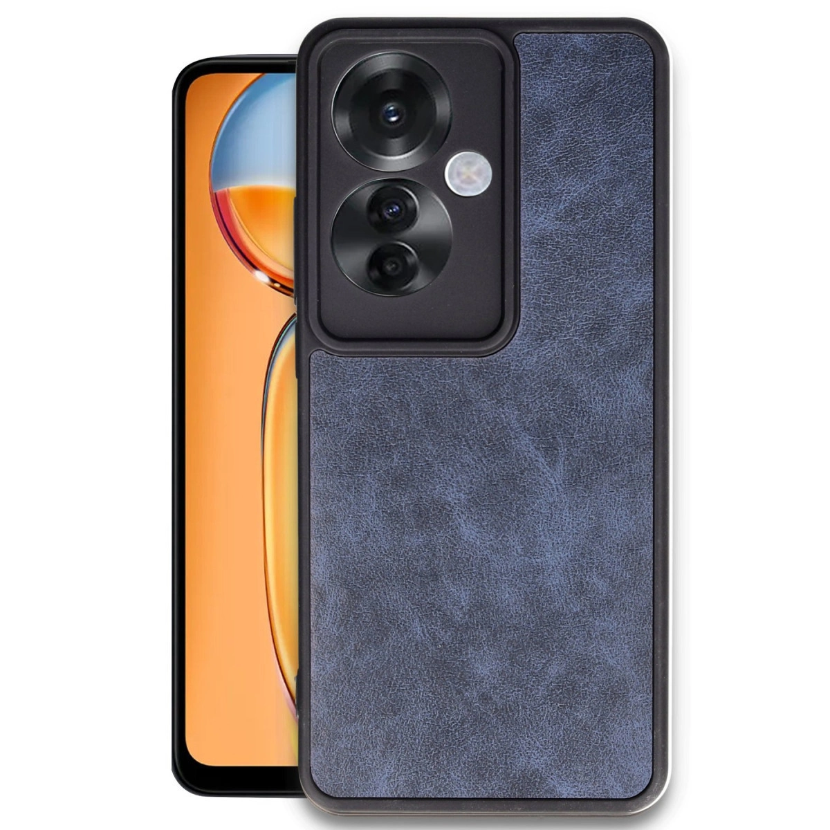 Üçlü kamera ve turuncu ekranın bir kısmına sahip lacivert telefon kılıfı.