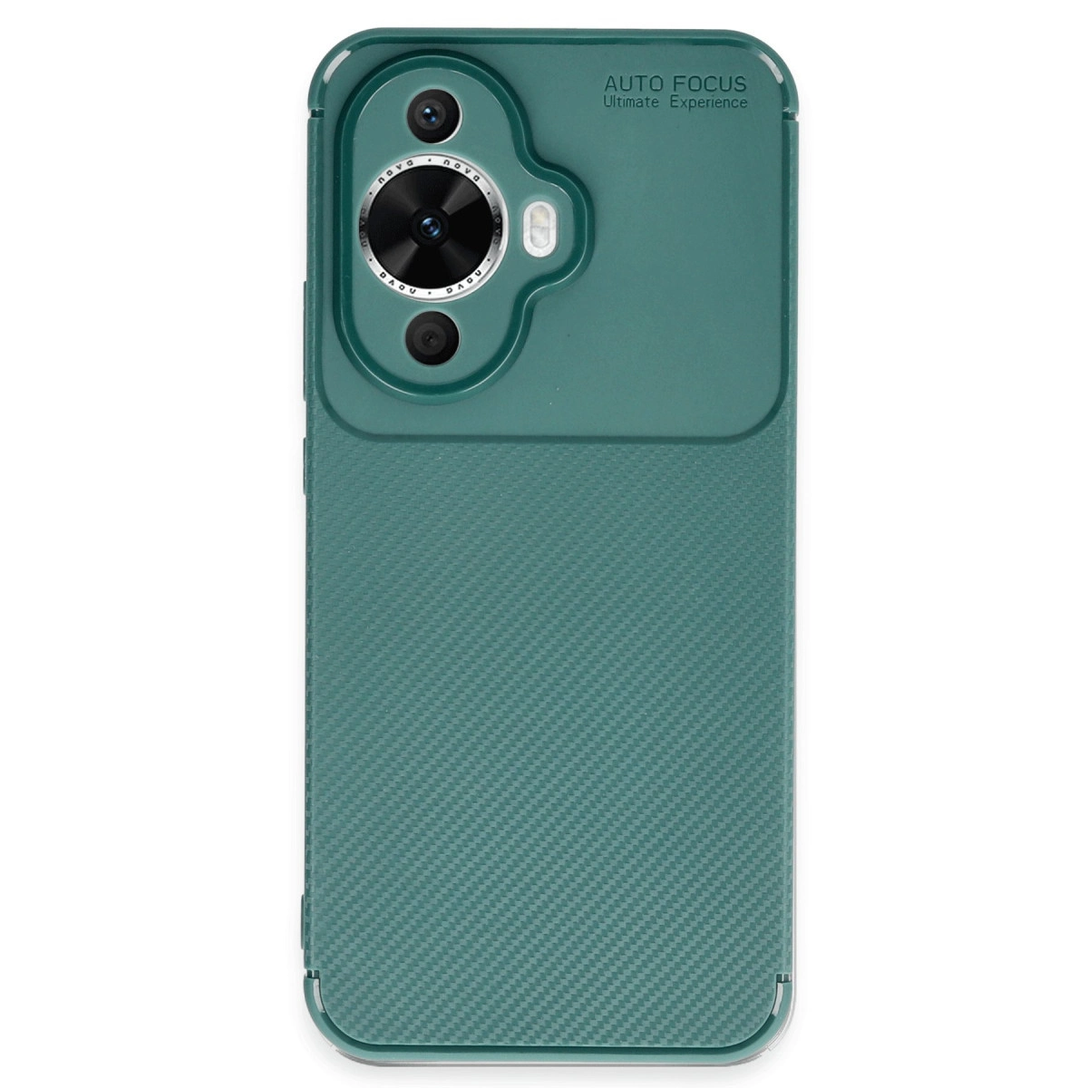 Karbon fiber dokulu yeşil telefon kılıfı ve lensler.