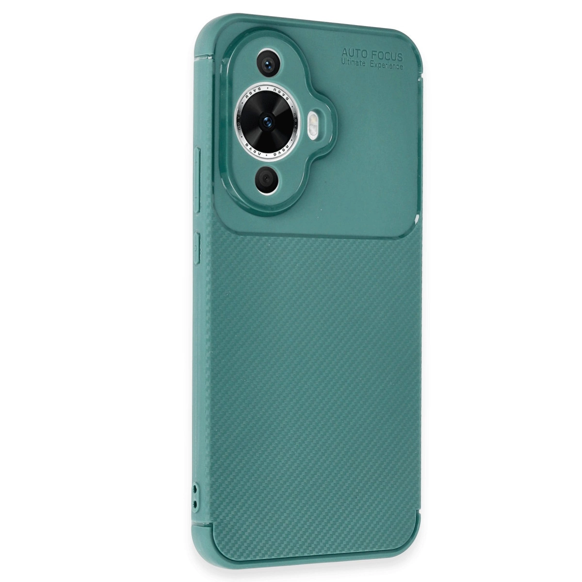 Kamera kesimli, arkası karbon dokulu yeşil telefon kılıfı.