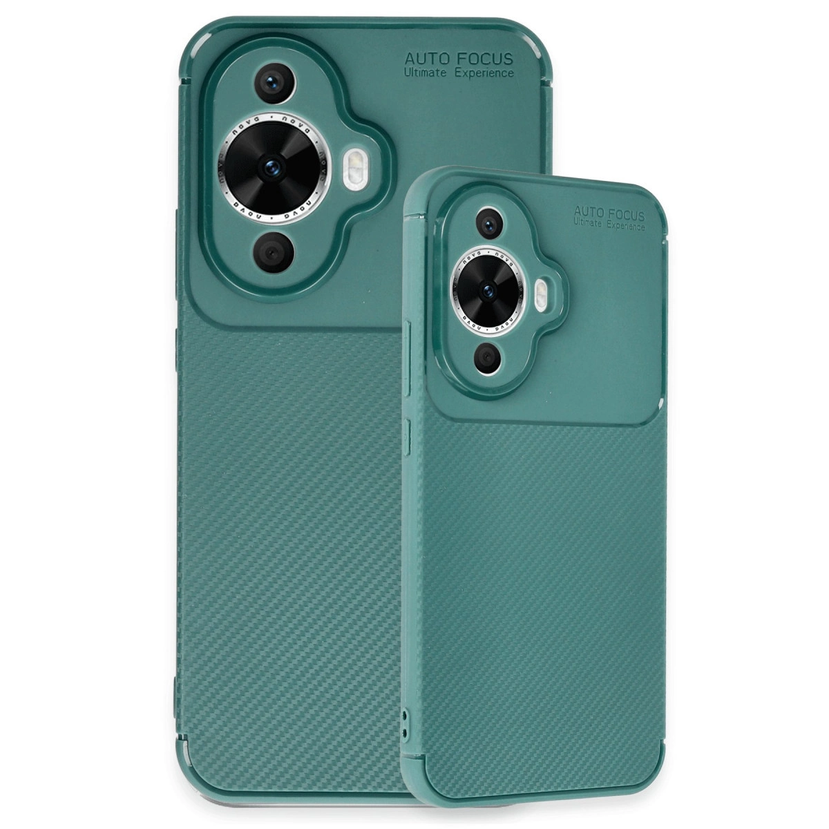 Kamera modülü ve karbon desenli iki turkuaz telefon kılıfı.