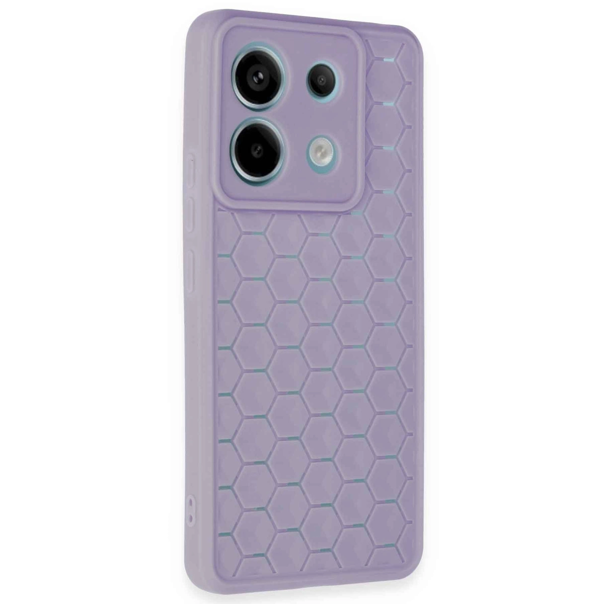 Kamera kesimli bal peteği desenli mor telefon kılıfı.