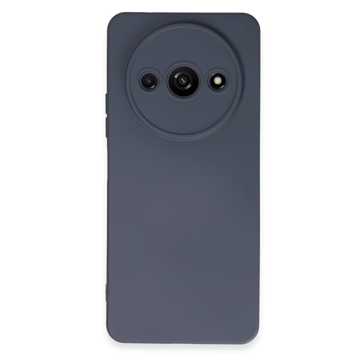 Üç lensli, dairesel kamera modülüne sahip koyu gri telefon kılıfı.