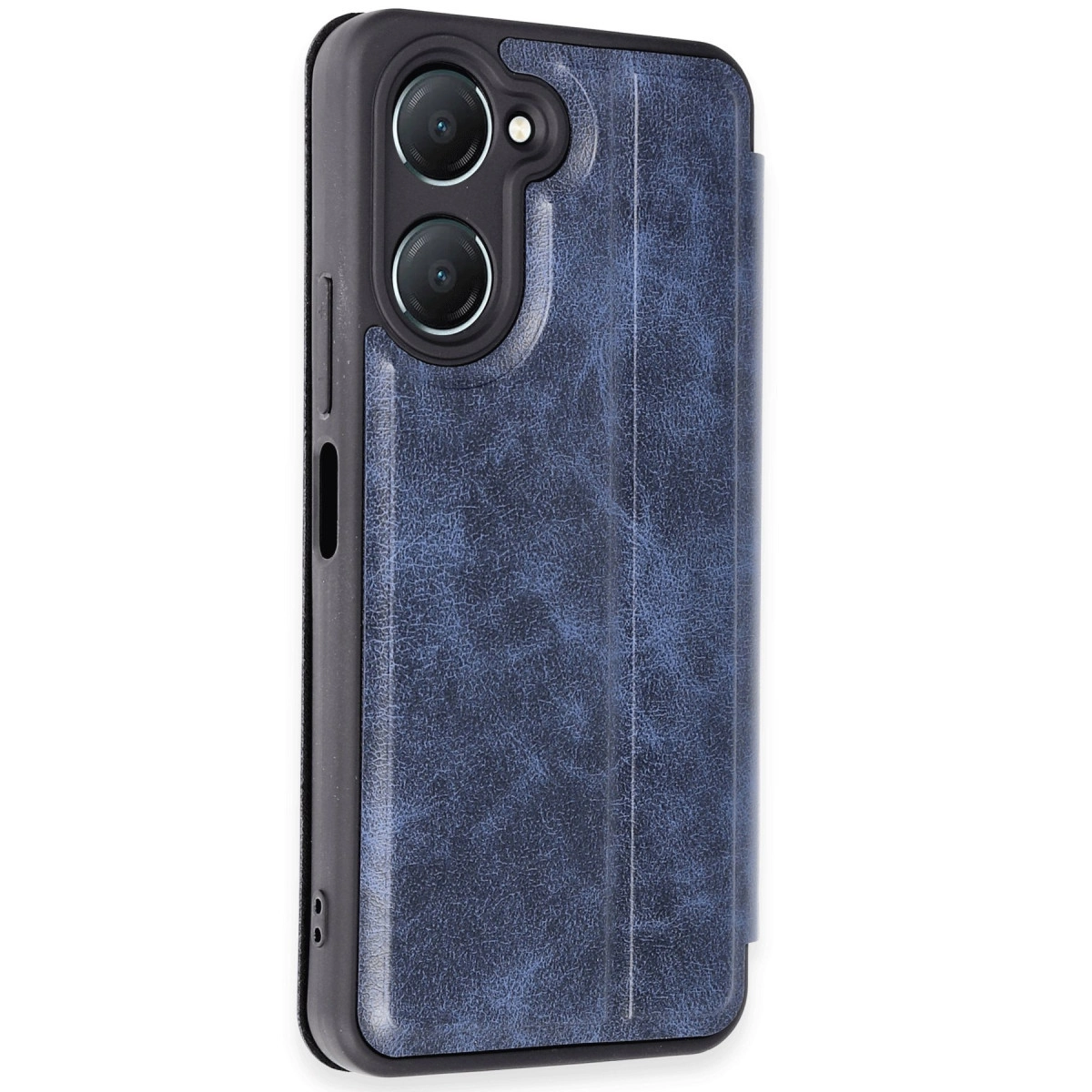 İki kameralı ve kapaklı mavi telefon kılıfı.