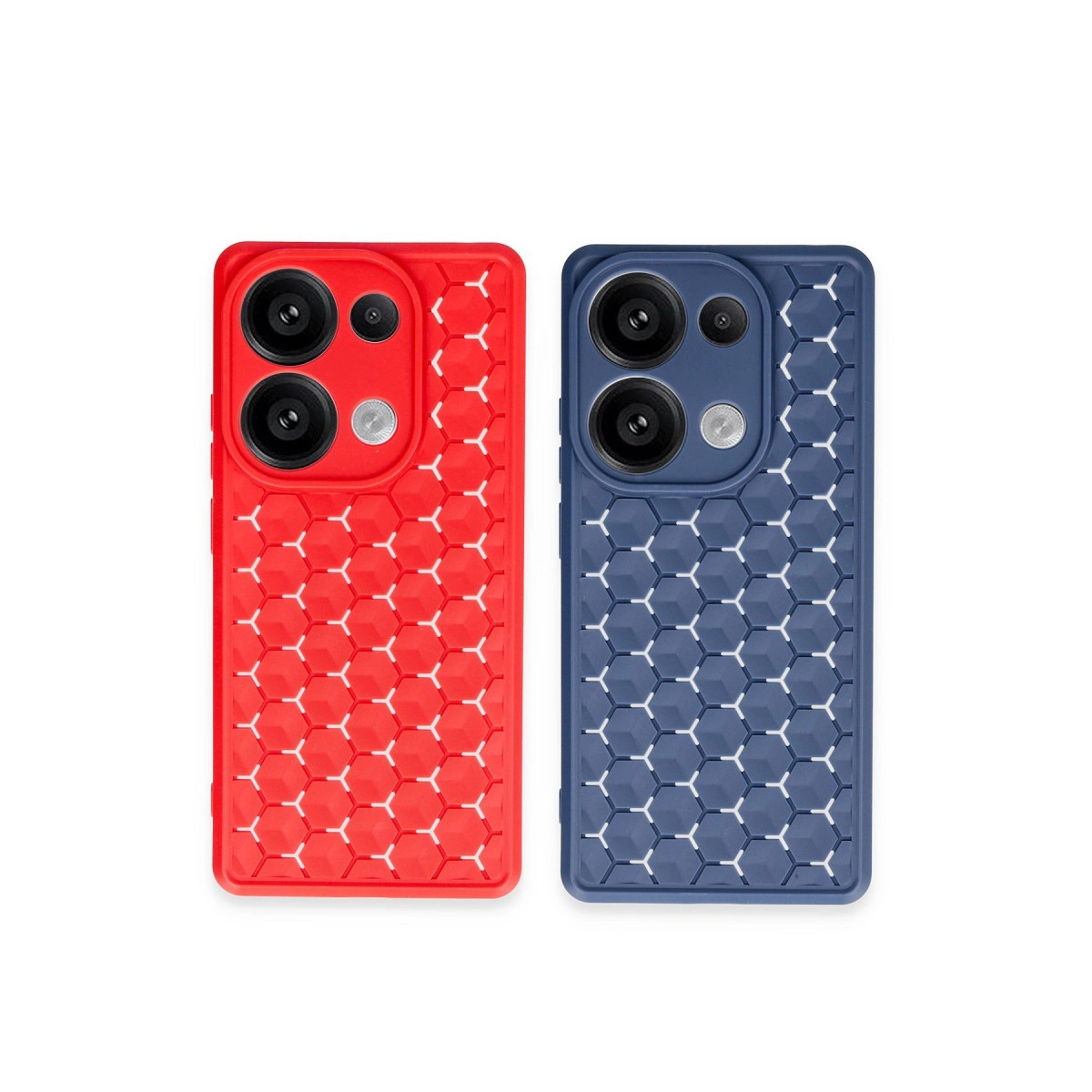 Bal peteği desenli kırmızı ve mavi iki telefon kılıfı.