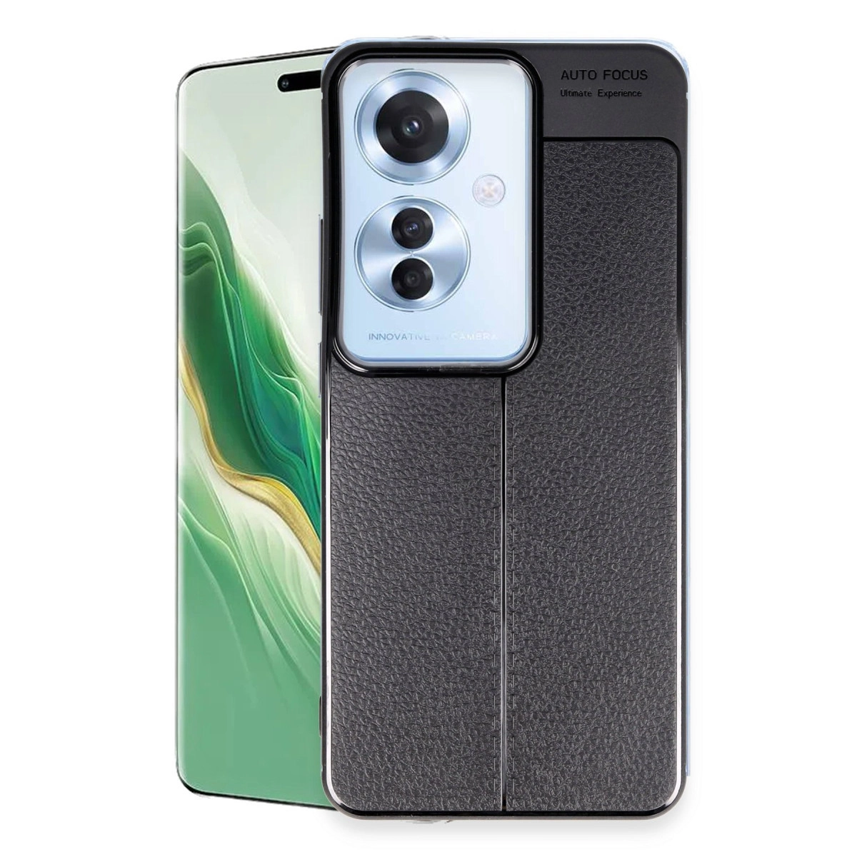 Üçlü kamera birimine sahip siyah, dokulu deri telefon kılıfı.