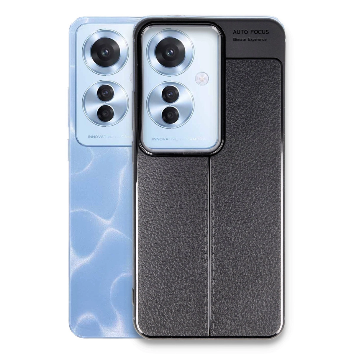 İki telefon, biri desenli mavi, diğeri siyah deri kılıfta.