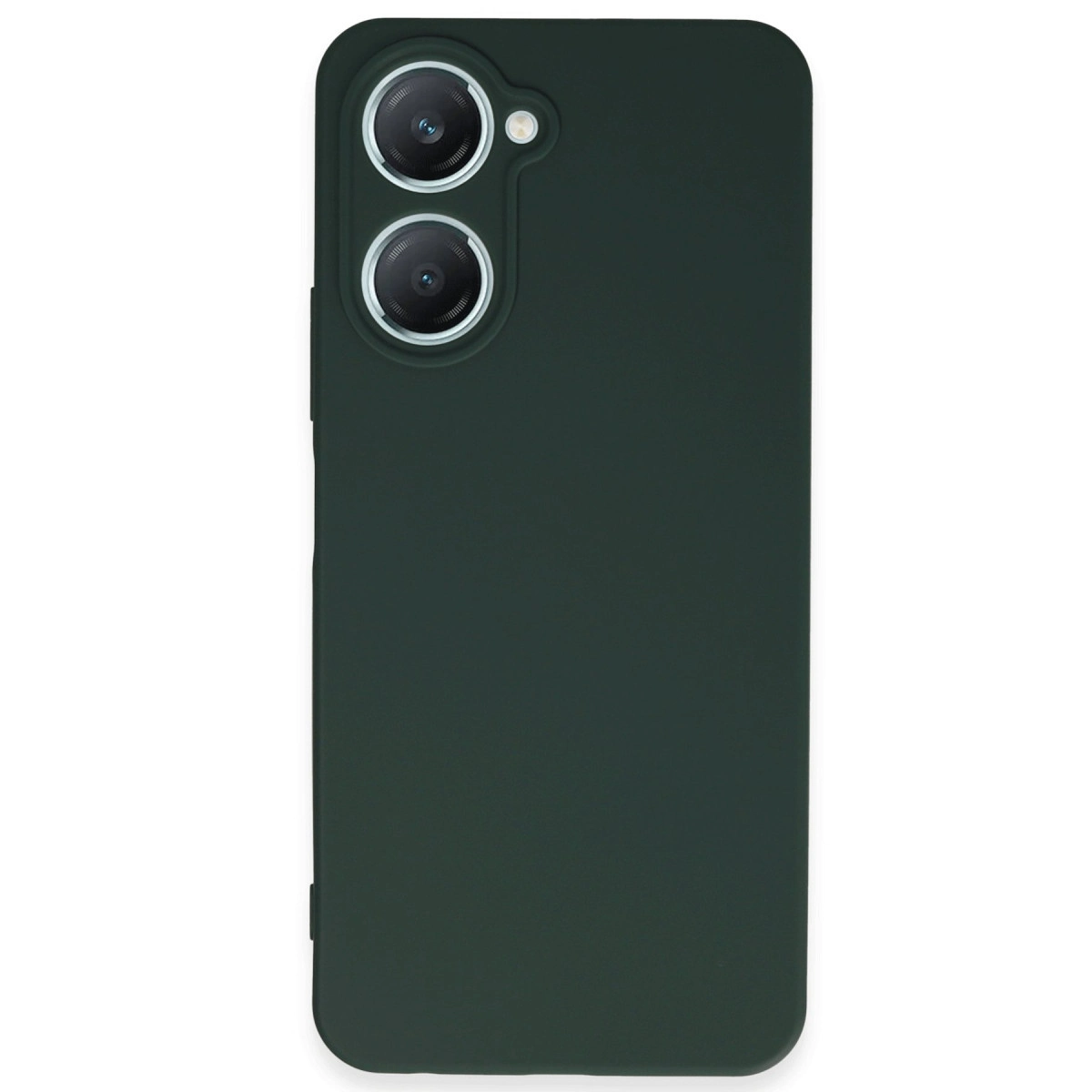 Koyu yeşil telefon kılıfı, sol üstte iki kamera lensi bulunur.