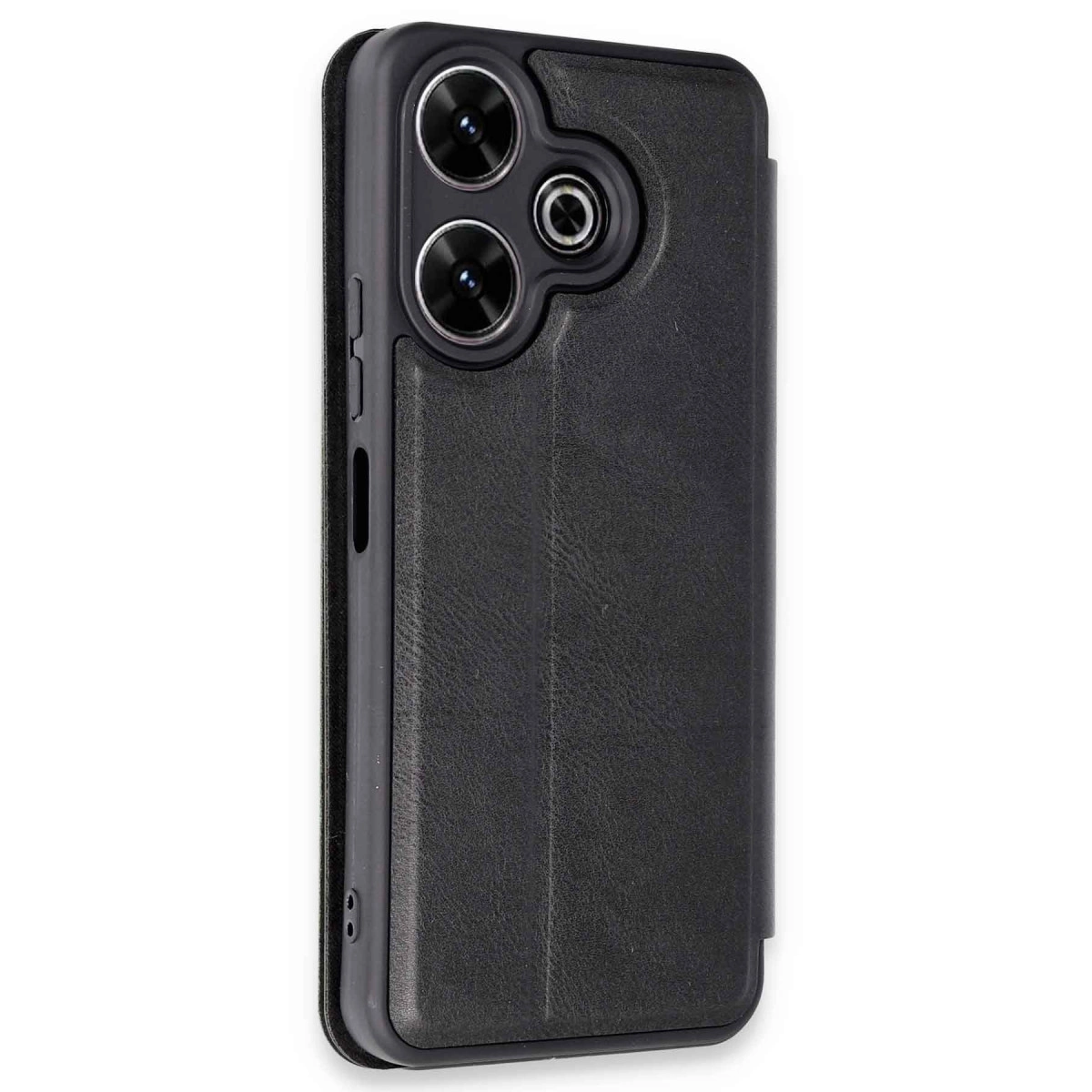 Üç kamera lensli ve kesik detaylı siyah telefon kılıfı.