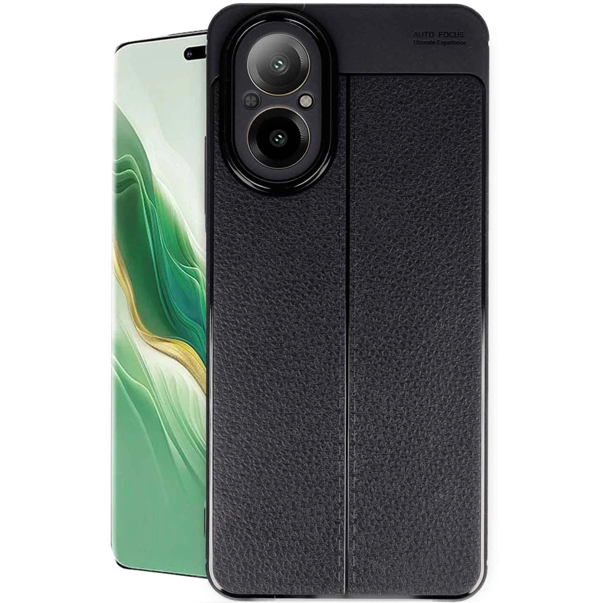 Doku kaplamalı, kamera kesimli siyah telefon kılıfı.