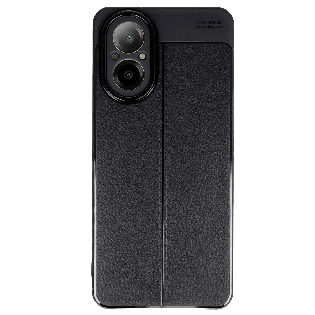 Kamera kesimli ve deri dokulu siyah telefon kılıfı.