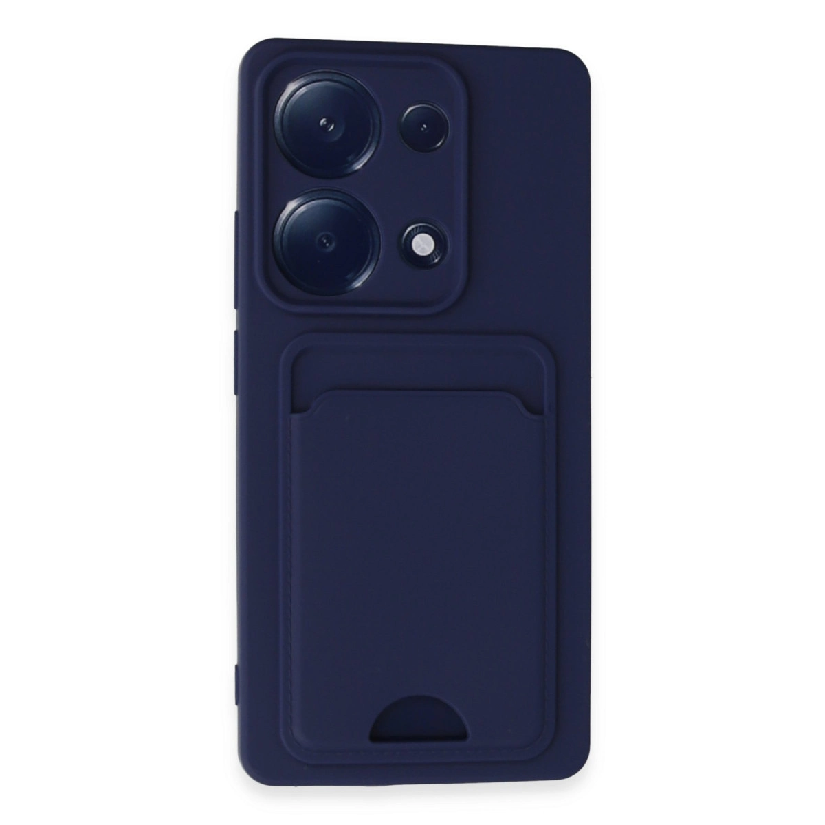 Kart yuvalı ve kamera kesimli lacivert telefon kılıfı.