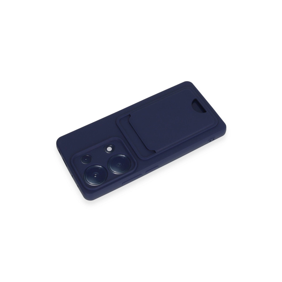 Kamera oyuntulu ve kartlıklı lacivert telefon kılıfı.