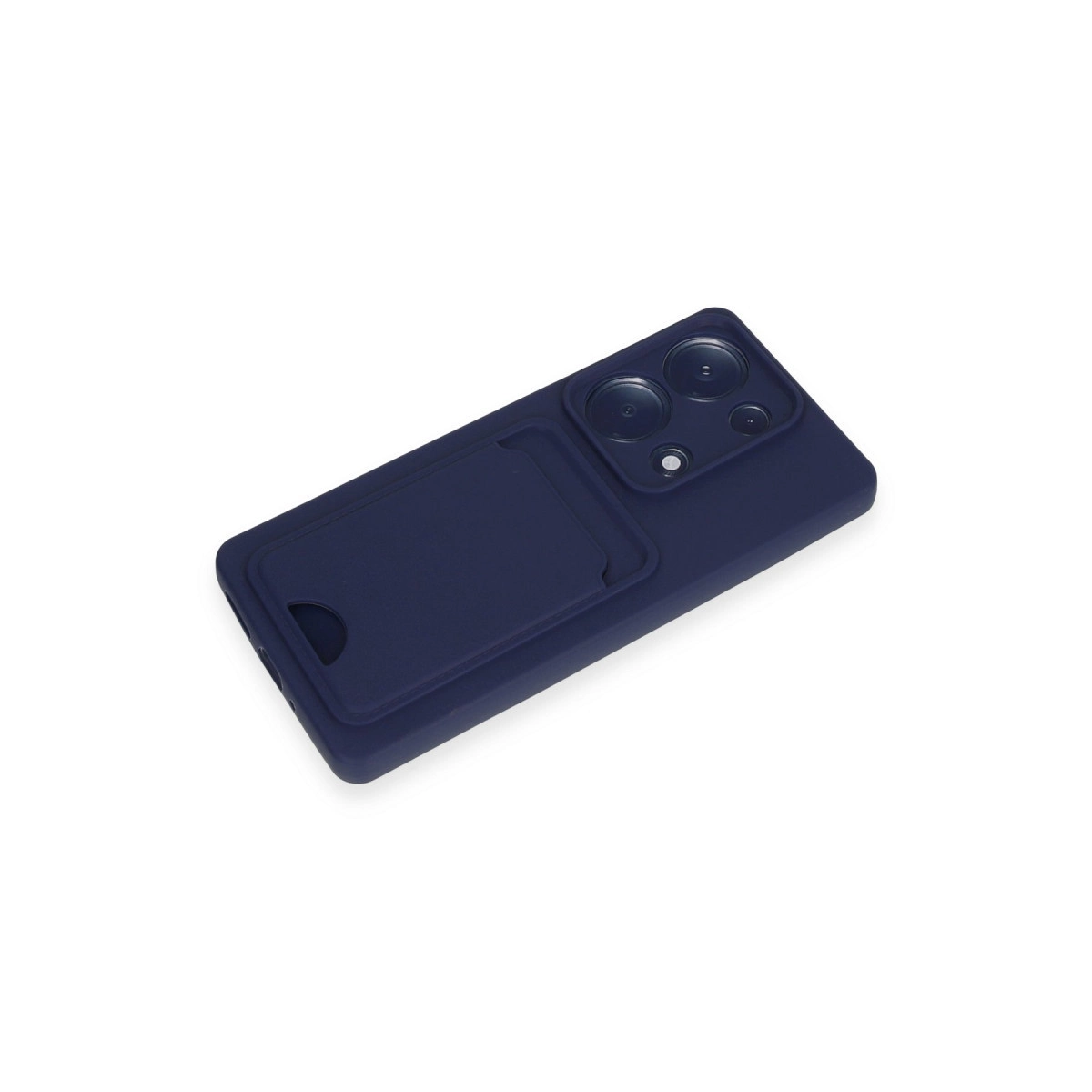 Kredi kartı yuvası ve kamera kesimli lacivert telefon kılıfı.