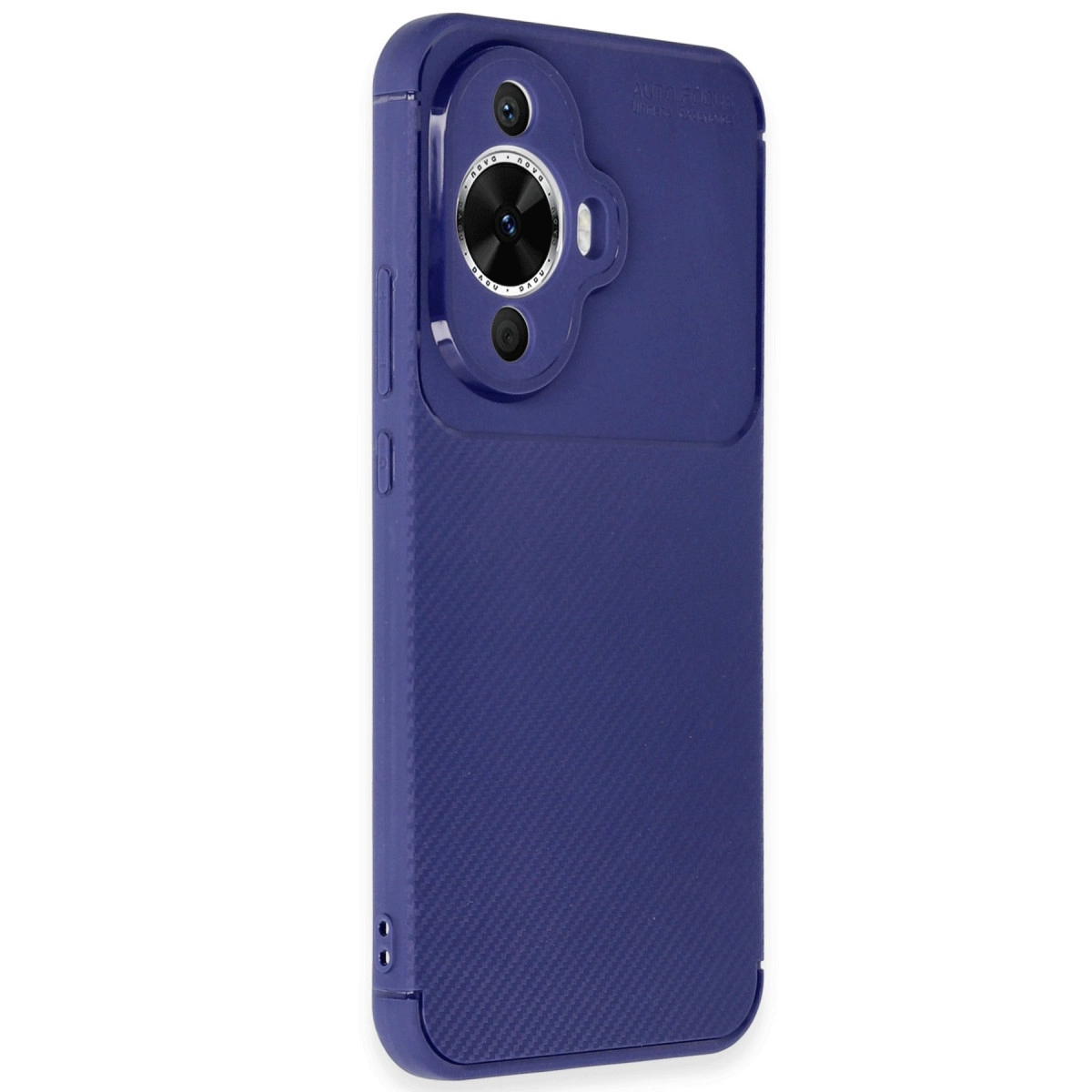 Kamera adacıklı ve karbon fiber dokulu lacivert telefon kılıfı.