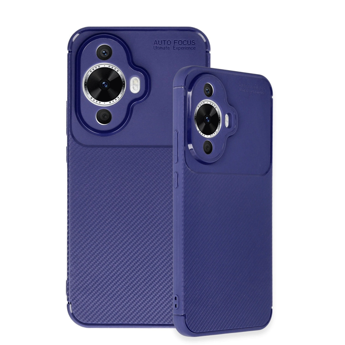 Karbon fiber dokulu ve kamera kesimli iki mavi telefon kılıfı. Biri arkada.