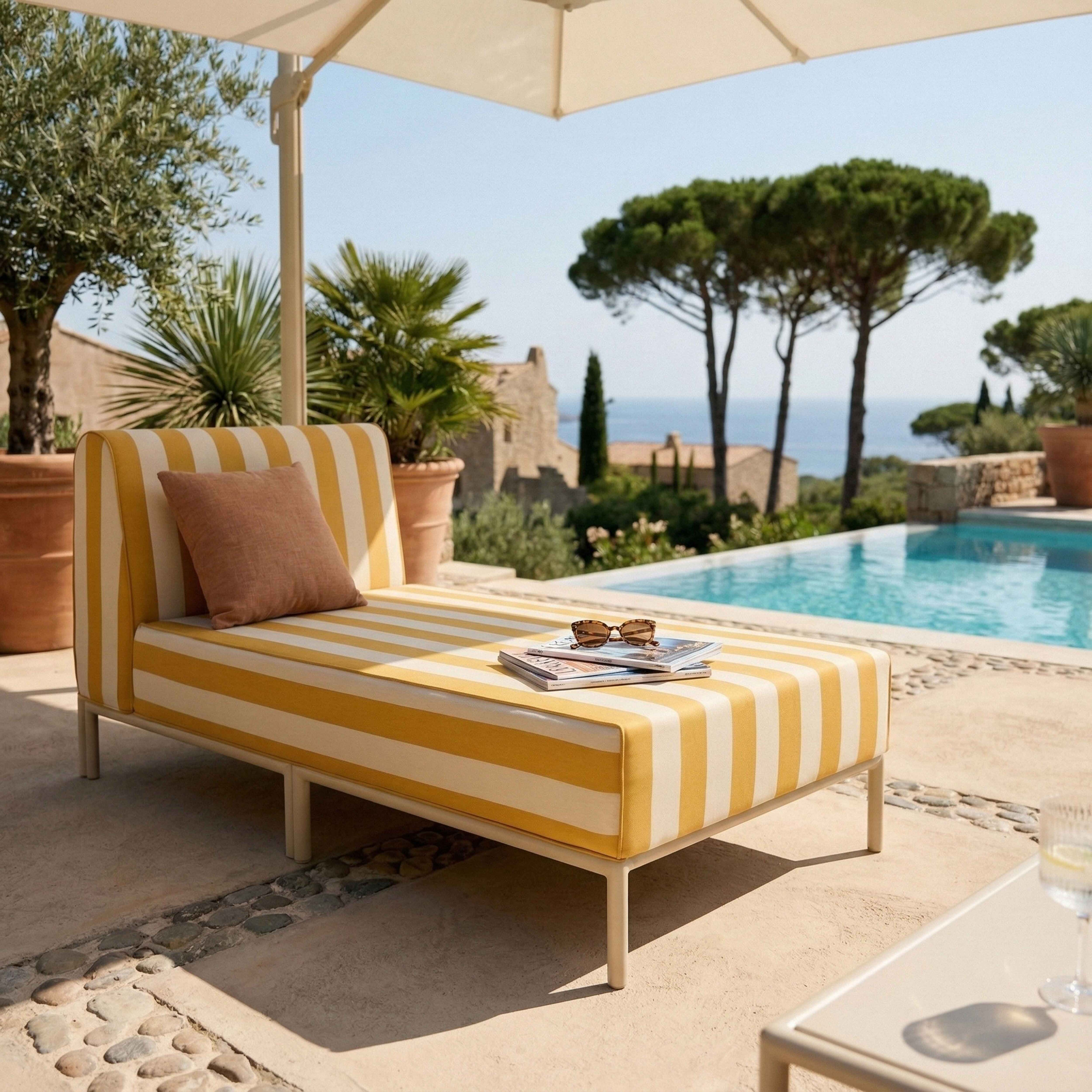 Gestreckte Liege mit gelb-weißen Streifen neben einem Pool mit mediterraner Kulisse.